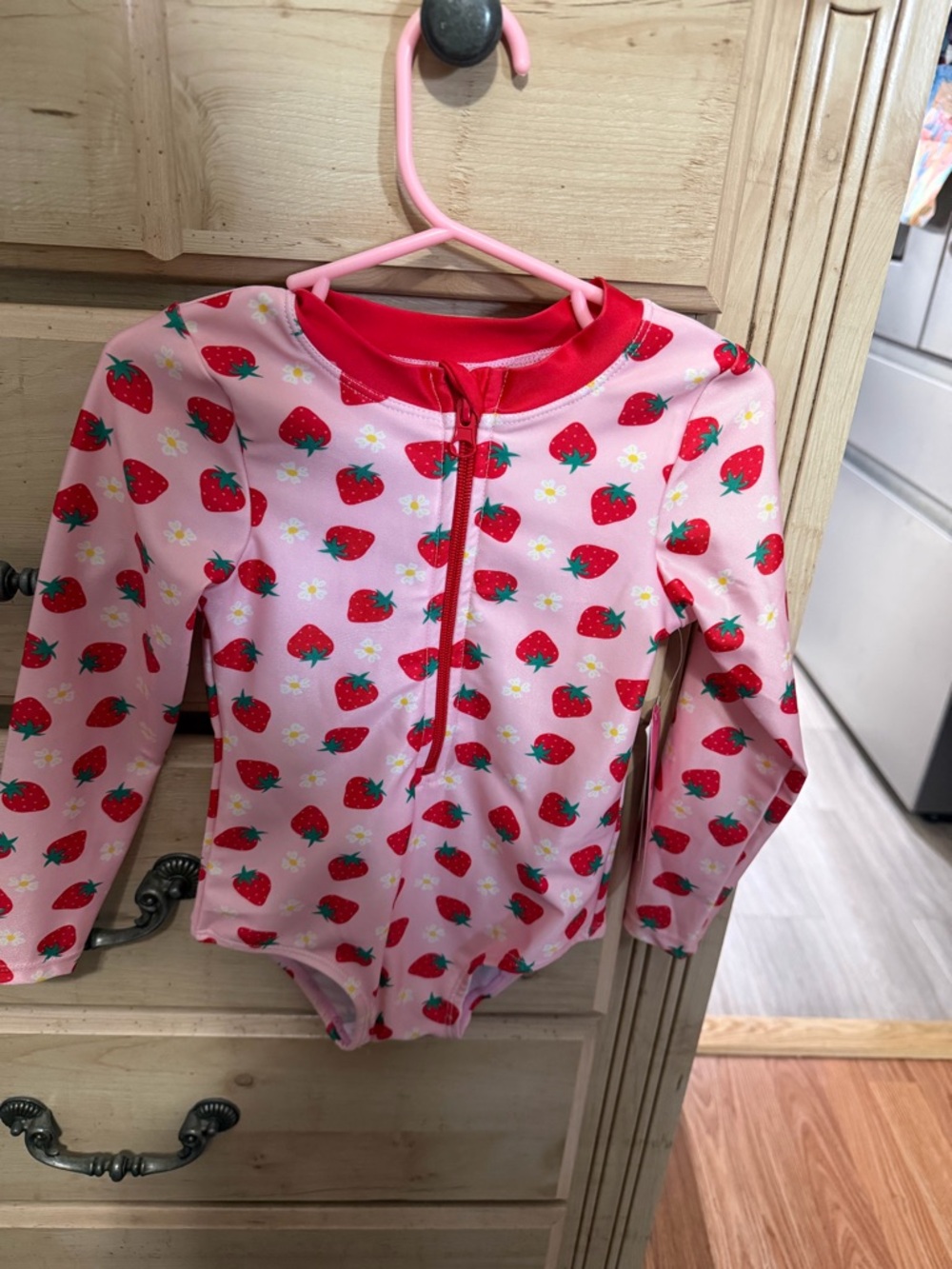 Kids Long Sleeve One-Piece Rash Guard Swimsuit - Pink Strawberry Print